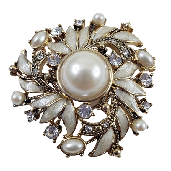 Vintage Monet Brooch Faux Pearls Cream Enamel Rhinestones Burst  A0242 -Q6 - Picture 6 of 12